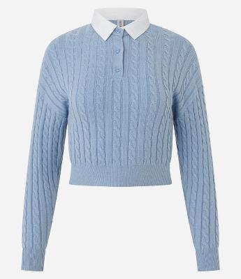 Blusão Cropped em Tricô com Gola Polo Contrastante