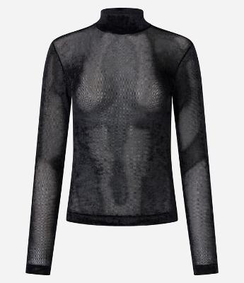 Blusa Manga Longa em Tule Aveludado com Gola Alta