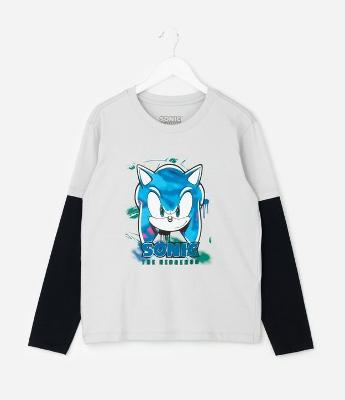 Camiseta Infantil com Manga Sobreposta e Estampa Sonic – Tam 5 a 14 Anos