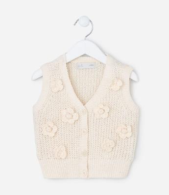 Cardigan Infantil em Tricô com Florzinhas Aplicadas - Tam 1 a 5/6