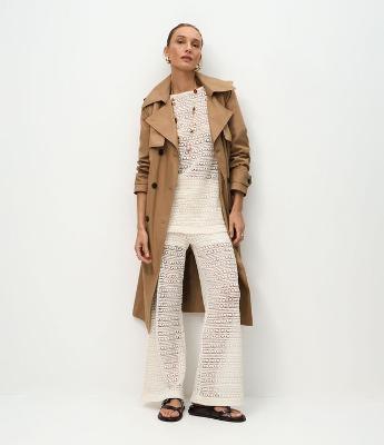 Calça Reta em Tela Crochetada com Cós Estruturado