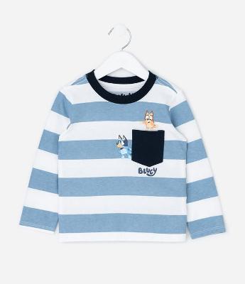 Camiseta Infantil Listrada com Estampa Bluey no Bolso – Tam 2 a 6 Anos