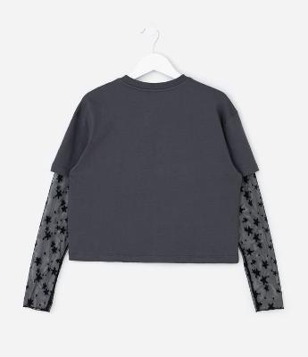 Camiseta Infantil com Lettering e Manga Renda – Tam 5 a 14 Anos