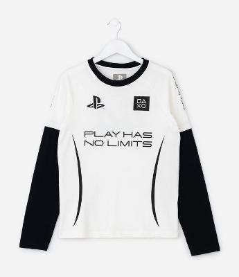 Camiseta Infantil Playstation com Manga Sobreposta – Tam 5 a 14 Anos