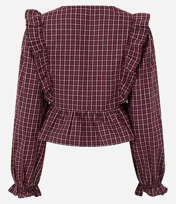 Blusa Feminina Manga Longa Xadrez com Babados Frontais