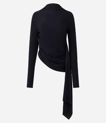 Blusa Feminina Manga Longa Gola Alta com Drapeado Assimétrico