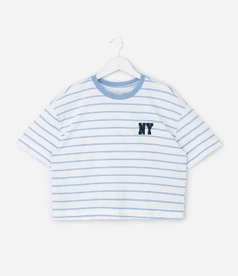 Camiseta Infantil Boxy Listrada com Bordado – Tam 7 a 16 Anos