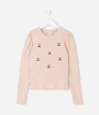 Blusa Infantil Baby Look com Bordado Cerejas – Tam 5 a 14 Anos