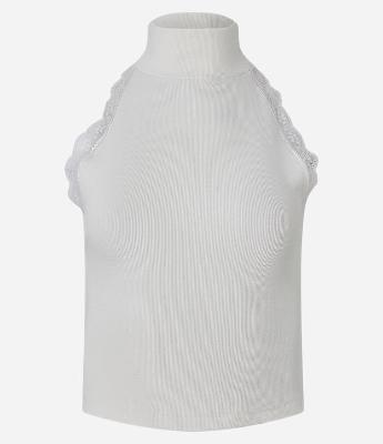Blusa Regata Gola Halter em Ribana com Aplicação de Renda