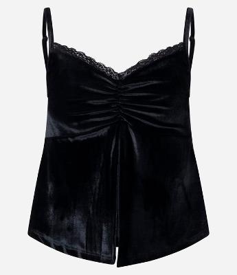 Blusa de Alcinha em Veludo com Abertura Frontal e Decote Rendado