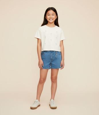 Camiseta Infantil Boxy com Bordado Laços – Tam 5 a 14 Anos