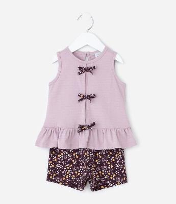 Conjunto Infantil Bata e Short com Estampa Floral – Tam 0 a 18 Meses