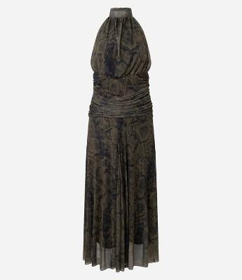 Vestido Longo em Tule Estampado com Decote Halter