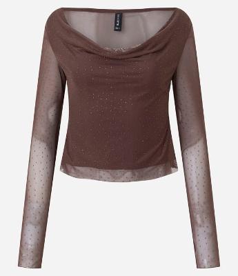 Blusa em Tule com Decote Degagê e Brilho