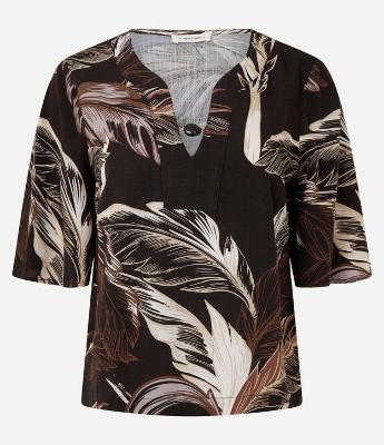 Blusa Feminina Manga Curta Folhagem com Gola V