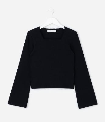 Blusa Infantil Manga Longa com Decote Quadrado e Renda – Tam 7 a 16 Anos