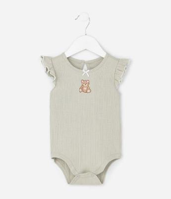 Body Infantil em Ribana com Bordado de Urso – Tam 0 a 18 Meses
