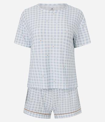 Pijama Curto Feminino Toque Suave Floral Vichy com Pipping