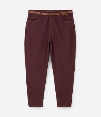 Calça Sarja Mom com Cintinho e Costura Contrastante Curve & Plus Size