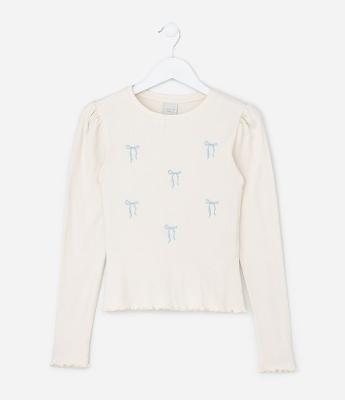 Blusa Infantil Baby Look com Bordado de Laços – Tam 5 a 14 Anos