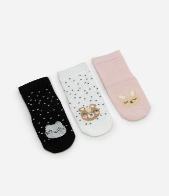 Kit 03 Meias Infantil com Estampa Cara de Bicho – Tam RN a 12 Meses