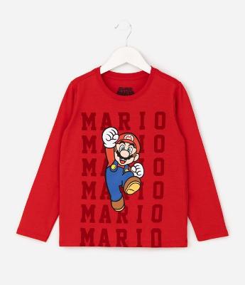 Camiseta Infantil Manga Longa com Estampa Mario – Tam 4 a 12 Anos