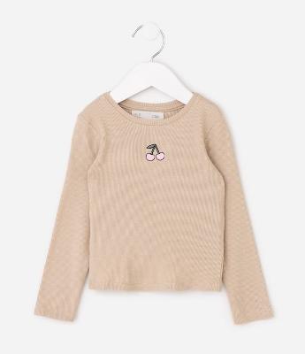 Camiseta Infantil em Ribana com Bordado Cereja – Tam 1 a 6 Anos
