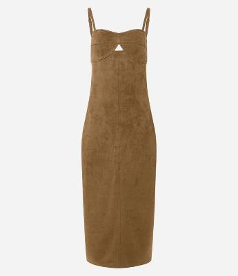 Vestido Midi em Suede com Decote Quadrado