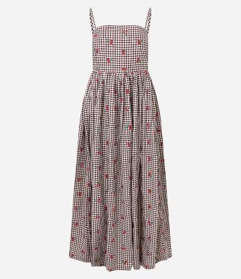 Vestido Longo Vichy com Poá e Decote Quadrado
