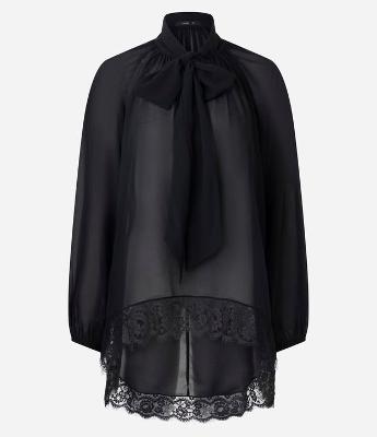 Blusa em Chiffon com Gola Laço e Renda na Barra