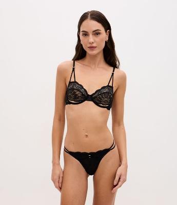 Calcinha String em Renda Floral com Elásticos Laterais Duplos