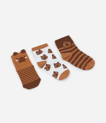 Kit 03 Meias Infantis Cano Médio com Capivara 3D – Tam 19 a 34
