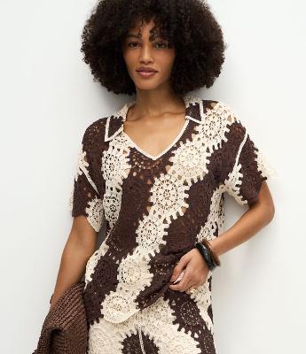 Blusa Alongada de Tricô com Mix em Pontos Efeito Crochê