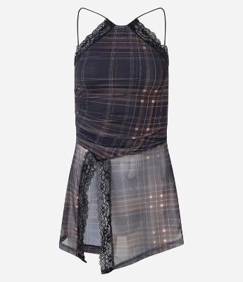 Blusa Halter em Tule Xadrez com Renda e Barra Transpassada