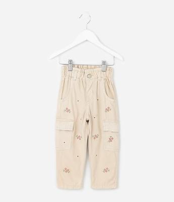 Calça Infantil em Sarja com Bordados Florais – Tam 1 a 6 Anos