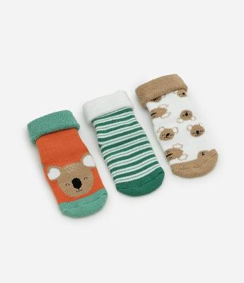 Kit 03 Pares de Meias Infantil com Estampa de Bichinhos e Listras – Tam RN a 12 Meses
