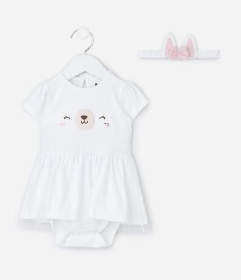 Vestido Body Infantil com Coelhinha e Faixa de Cabelo - Tam 0 a 18 Meses