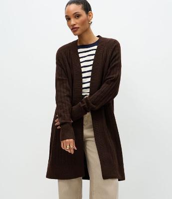 Cardigan Tricô Canelado Alongado sem Bolsos