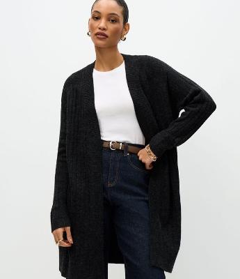 Cardigan Tricô Canelado Alongado sem Bolsos