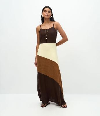 Vestido Longo Tricot Tricolor com Decote Quadrado