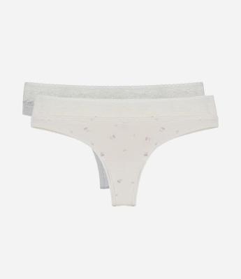 Kit 2x1 Calcinha Biquíni Fio Duplo Floral com Cós de Renda