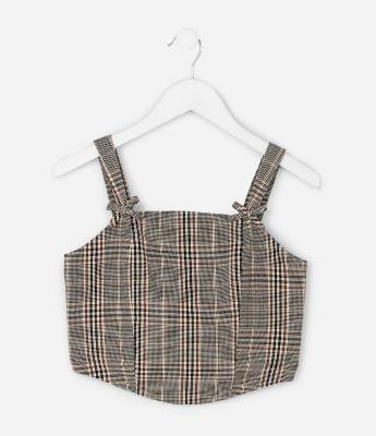 Blusa Infantil sem Manga de Alfaiataria Xadrez com Lacinhos nas Alças – Tam 5 a 14 Anos