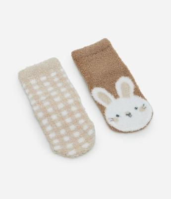 Kit 02 Pares de Meias Infantil em Chenille com Vichy e Coelhinho – Tam 0 a 12 Meses