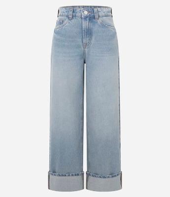 Calça Wide em Jeans com Barra Dobrada e Cintura Alta
