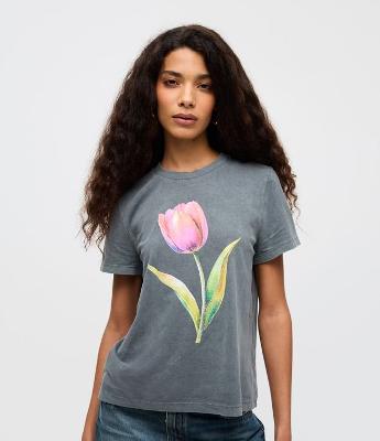 Camiseta Manga Curta em Algodão com Estampa Flor