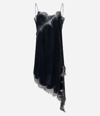 Vestido Curto em Veludo com Renda e Ponta