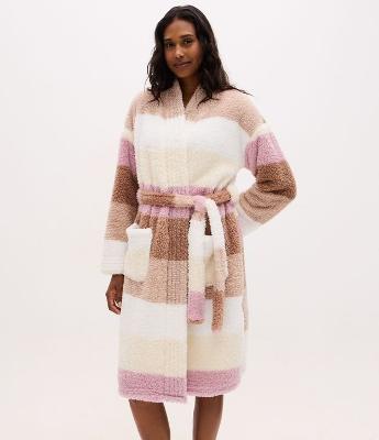 Robe Alongado em Fleece Listrado com Faixa