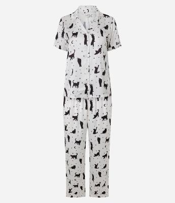 Pijama Feminino Cetim Modelo Americano Gatos Constelação