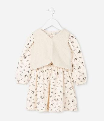Vestido Infantil Floral com Colete de Pelinho – Tam 1 a 6 Anos