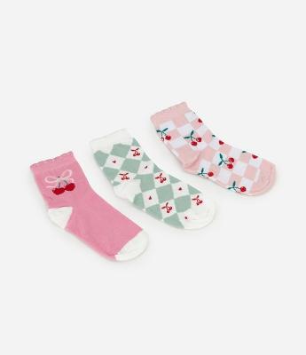 Kit 03 Pares de Meias Infantil com Estampa de Cerejas – Tam 19 a 34